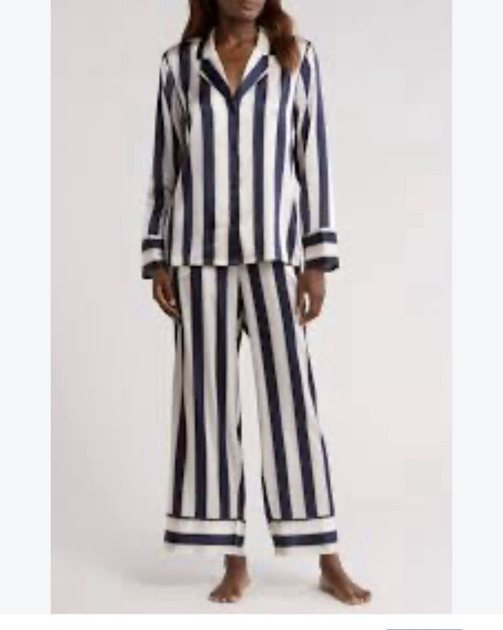 New Nordstrom Tailored Stretch Silk Pajamas Navy Stripe Women Size Small